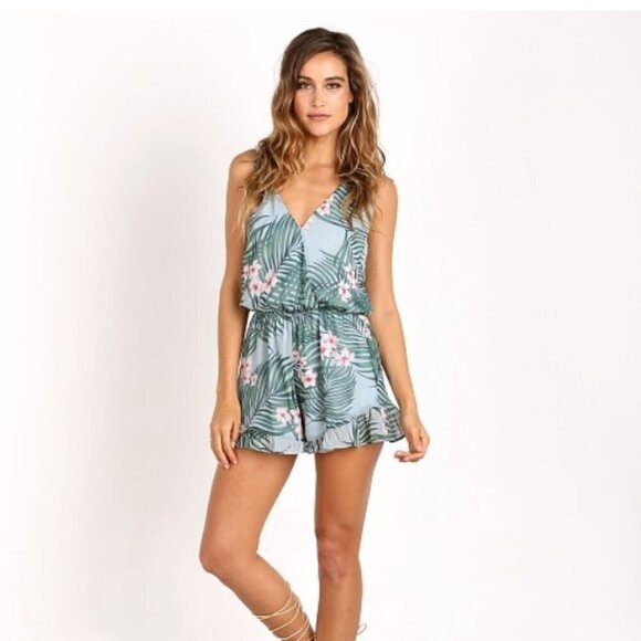 Show me your Mumu Women's L Large Riri Romper Hanalei Dream V-Neck Palm Print - Picture 1 of 8